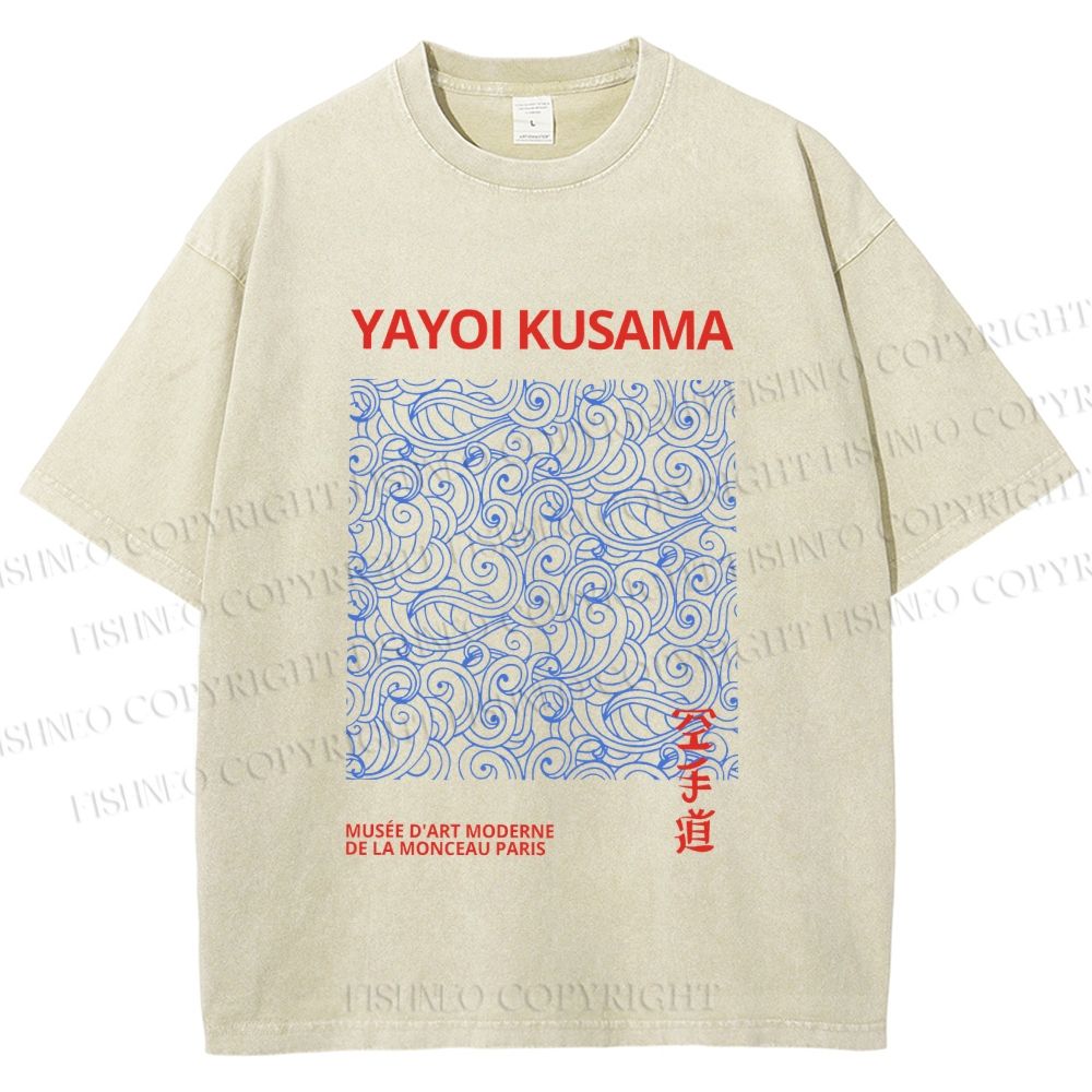 Unisex Yayoi Kusama Blue Wave Graffiti Printed Washed Tee