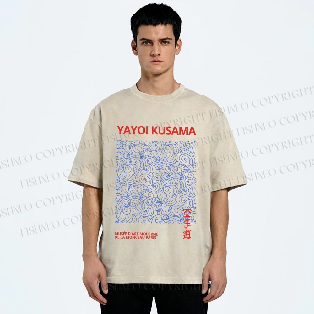 Unisex Yayoi Kusama Blue Wave Graffiti Printed Washed Tee