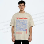 Unisex Yayoi Kusama Blue Wave Graffiti Printed Washed Tee