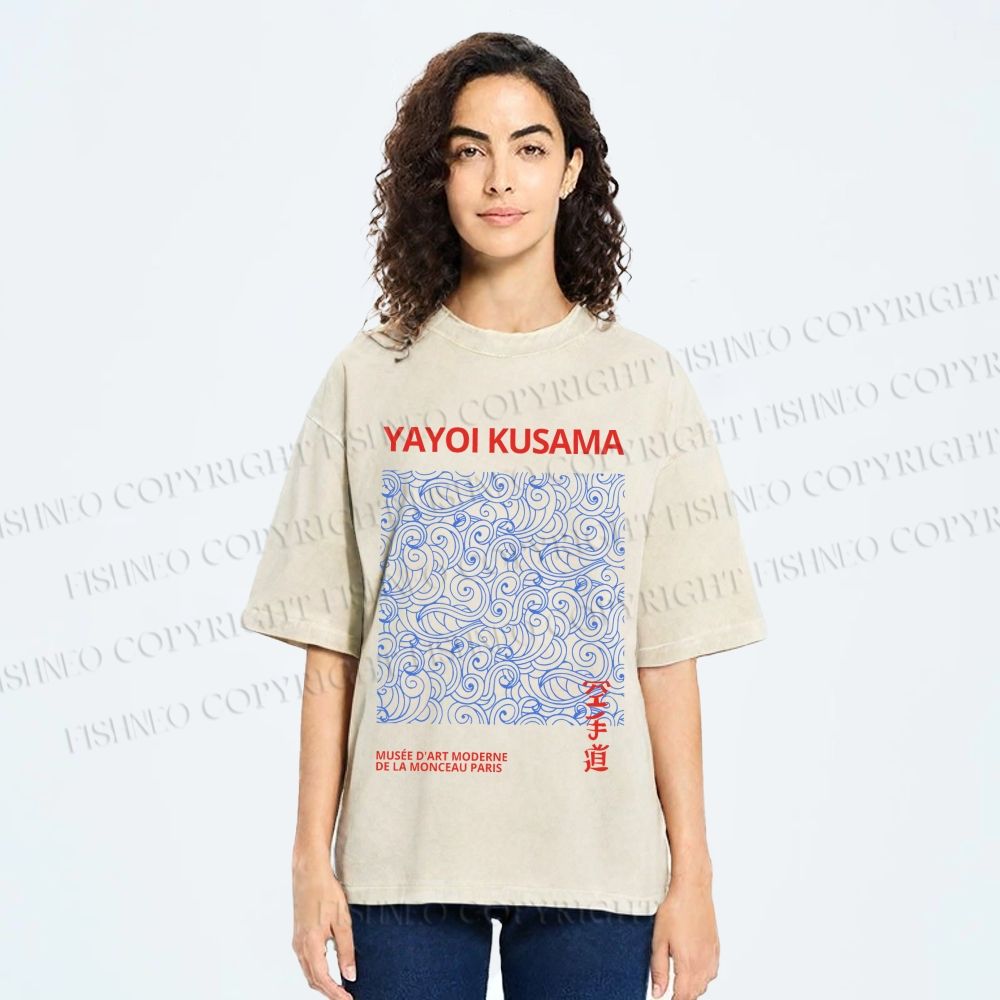 Unisex Yayoi Kusama Blue Wave Graffiti Printed Washed Tee