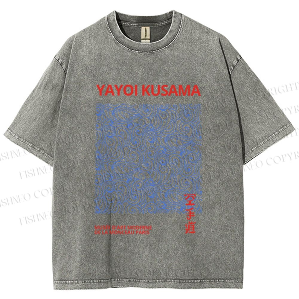 Unisex Yayoi Kusama Blue Wave Graffiti Printed Washed Tee