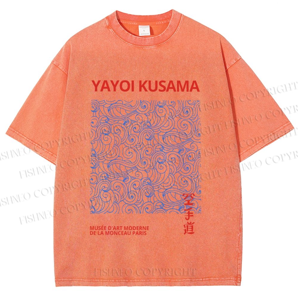 Unisex Yayoi Kusama Blue Wave Graffiti Printed Washed Tee