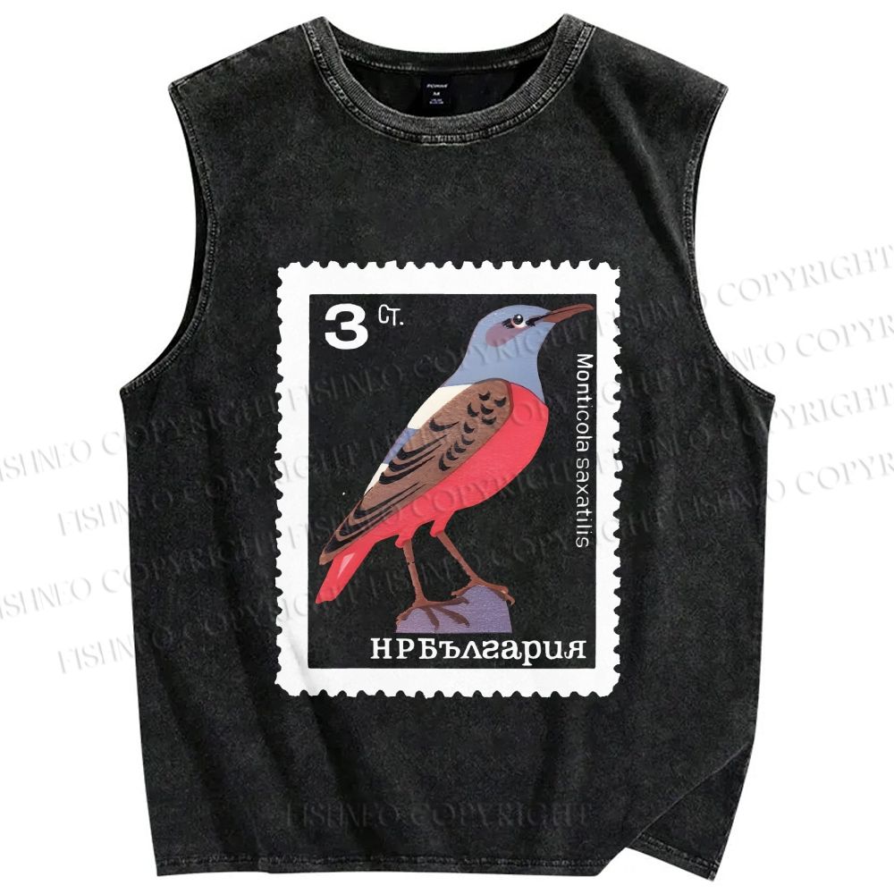 Unisex Vintage Bird Printed Washed Tank Top
