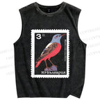 Unisex Vintage Bird Printed Washed Tank Top