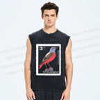 Unisex Vintage Bird Printed Washed Tank Top