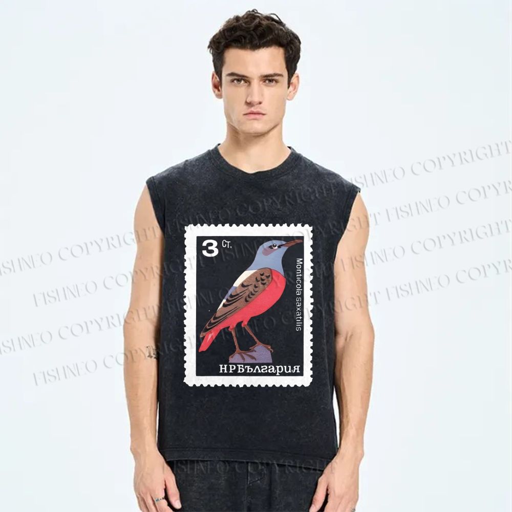 Unisex Vintage Bird Printed Washed Tank Top