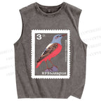 Unisex Vintage Bird Printed Washed Tank Top