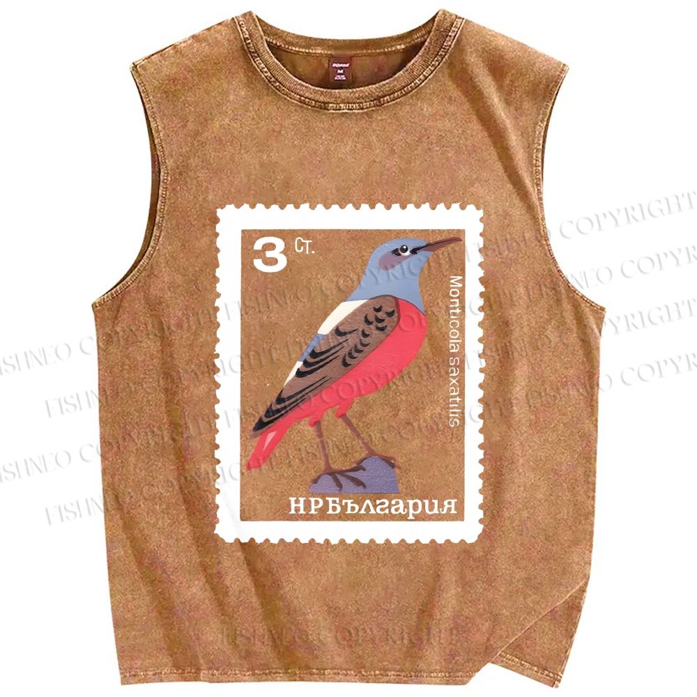 Unisex Vintage Bird Printed Washed Tank Top