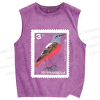 Unisex Vintage Bird Printed Washed Tank Top