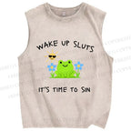 Unisex Wake Up Sluts Frog Printed Washed Tank Top