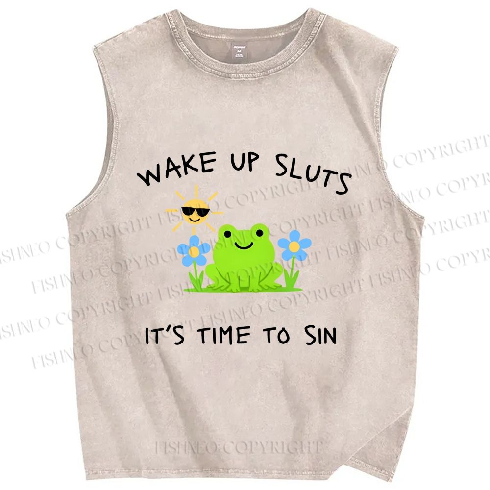 Unisex Wake Up Sluts Frog Printed Washed Tank Top