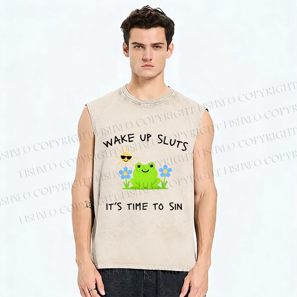 Unisex Wake Up Sluts Frog Printed Washed Tank Top