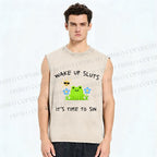 Unisex Wake Up Sluts Frog Printed Washed Tank Top