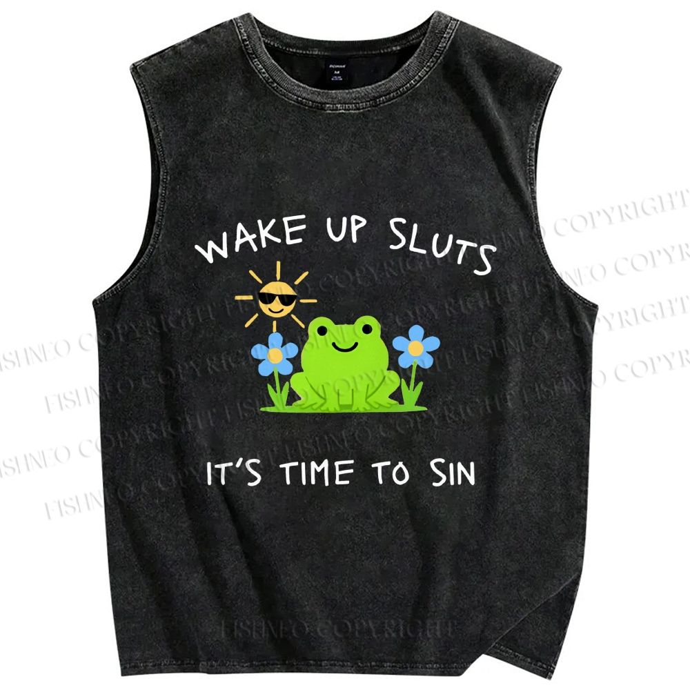 Unisex Wake Up Sluts Frog Printed Washed Tank Top