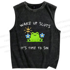 Unisex Wake Up Sluts Frog Printed Washed Tank Top