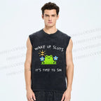 Unisex Wake Up Sluts Frog Printed Washed Tank Top