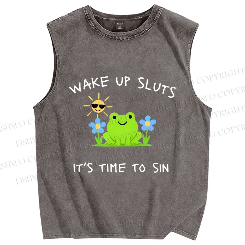 Unisex Wake Up Sluts Frog Printed Washed Tank Top