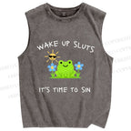 Unisex Wake Up Sluts Frog Printed Washed Tank Top