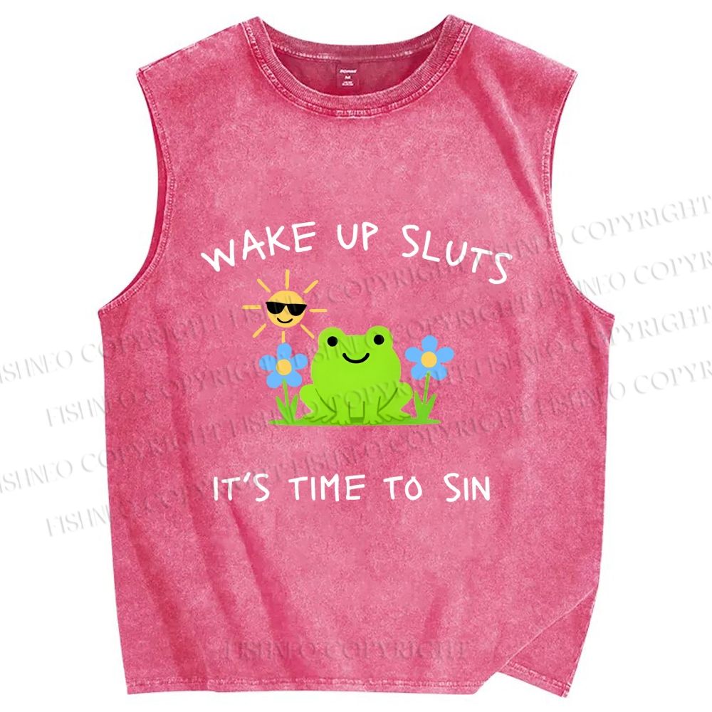 Unisex Wake Up Sluts Frog Printed Washed Tank Top