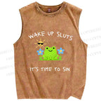 Unisex Wake Up Sluts Frog Printed Washed Tank Top