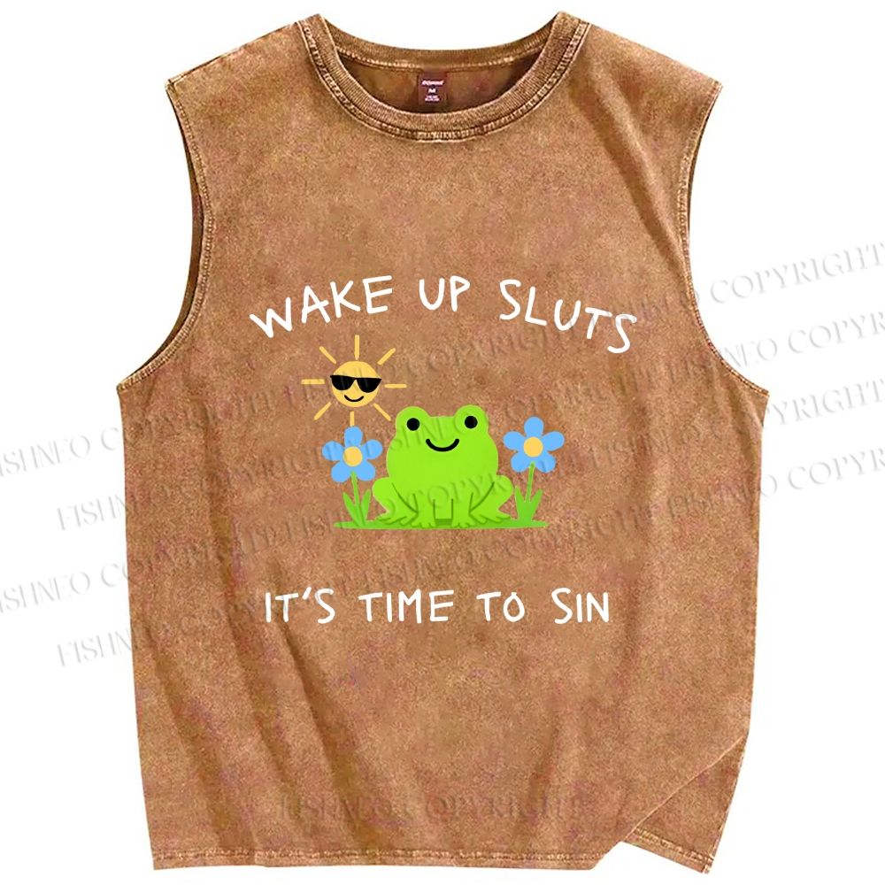 Unisex Wake Up Sluts Frog Printed Washed Tank Top