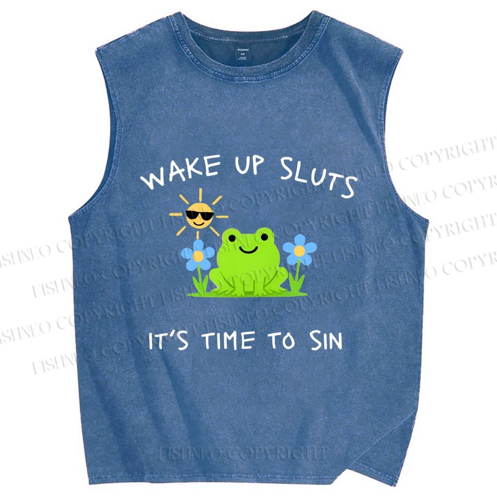 Unisex Wake Up Sluts Frog Printed Washed Tank Top