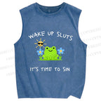 Unisex Wake Up Sluts Frog Printed Washed Tank Top