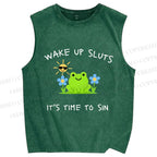 Unisex Wake Up Sluts Frog Printed Washed Tank Top