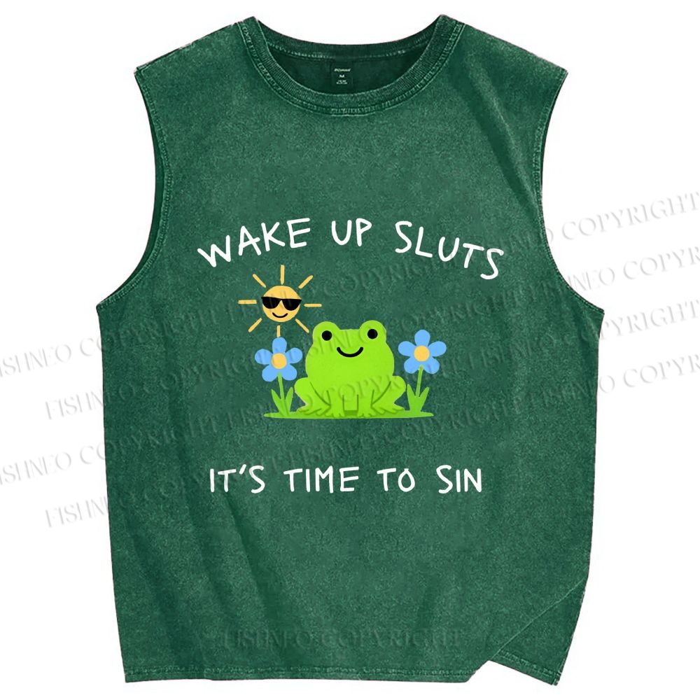 Unisex Wake Up Sluts Frog Printed Washed Tank Top