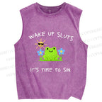 Unisex Wake Up Sluts Frog Printed Washed Tank Top