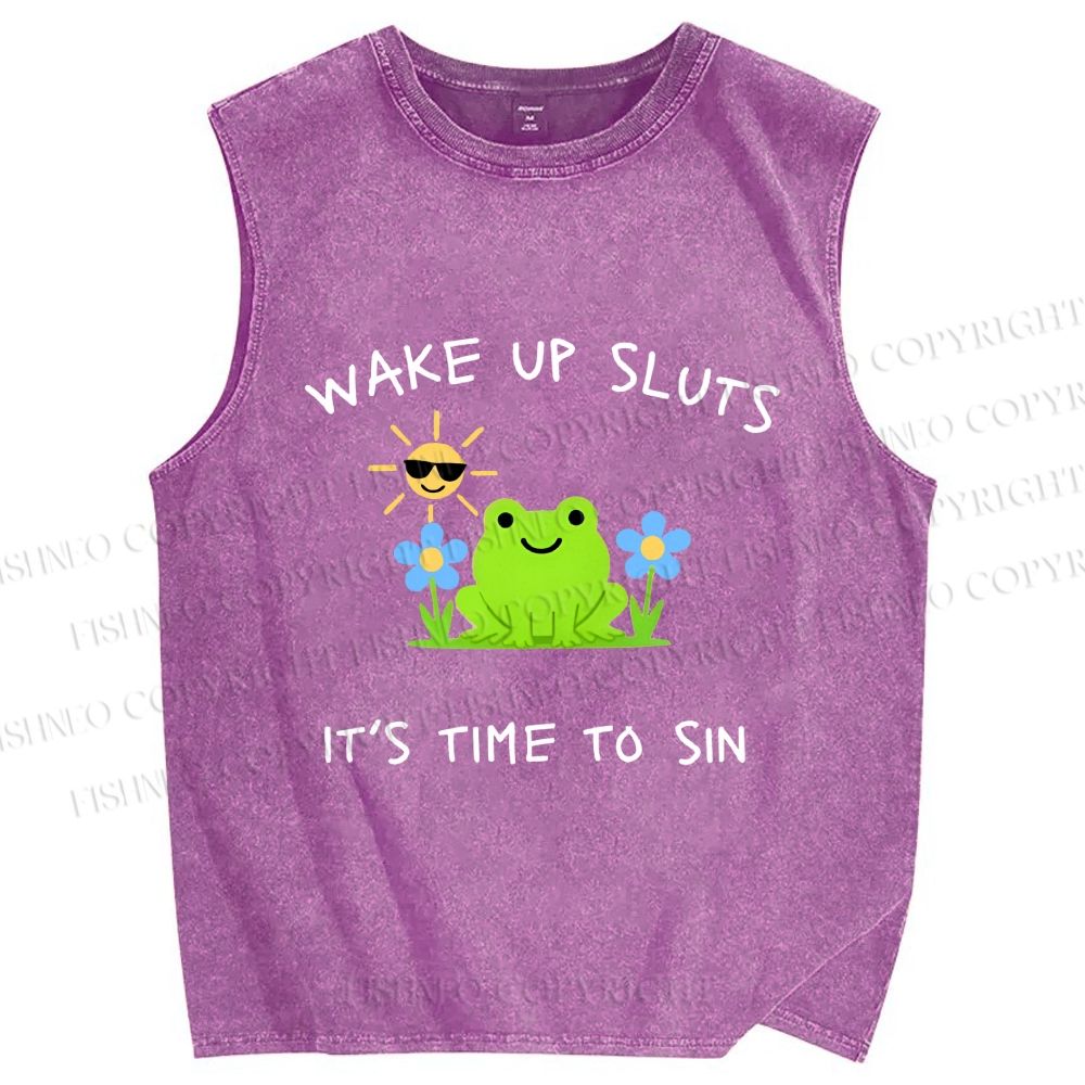 Unisex Wake Up Sluts Frog Printed Washed Tank Top