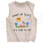 Unisex Wake Up Sluts Worm Printed Washed Tank Top