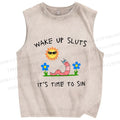 Unisex Wake Up Sluts Worm Printed Washed Tank Top