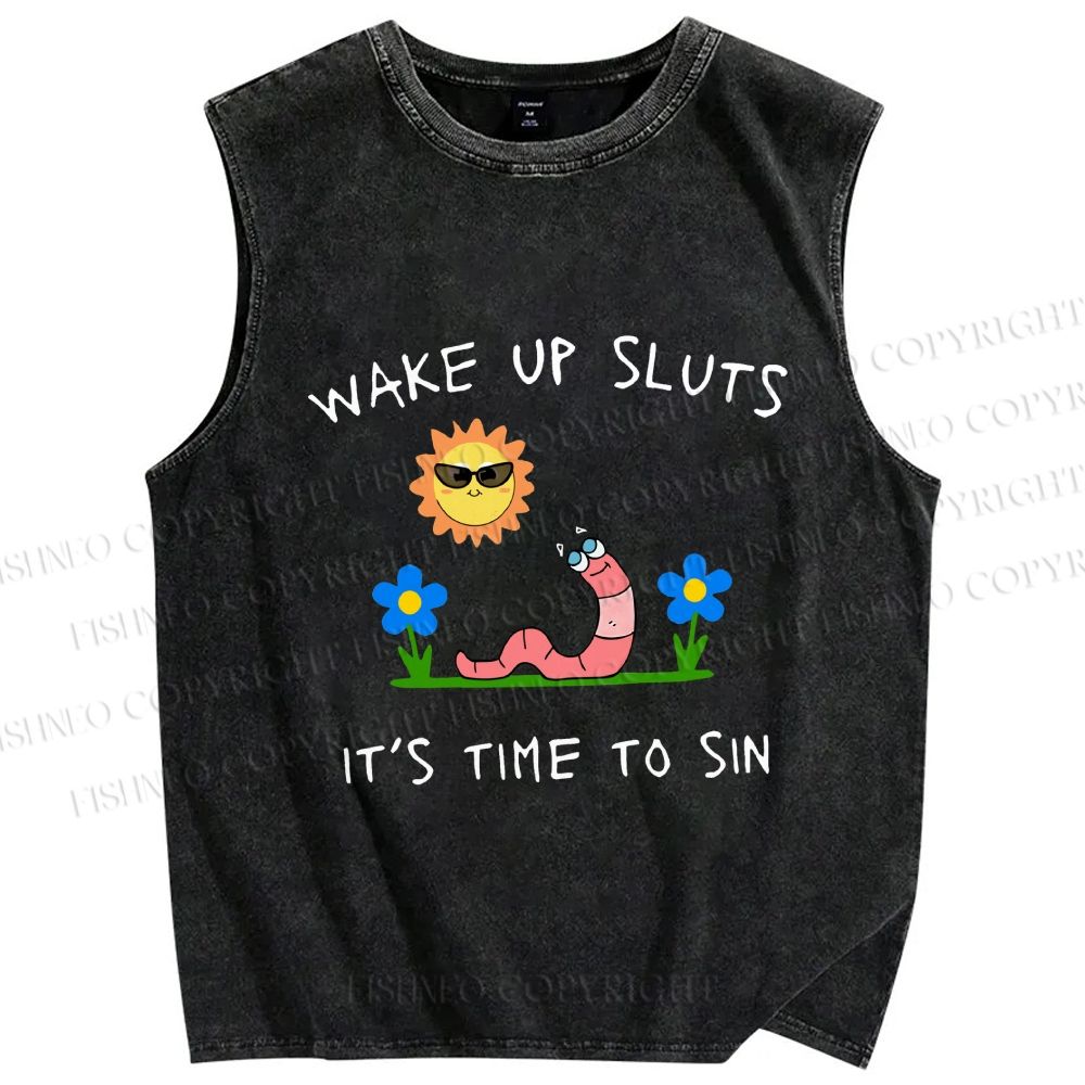 Unisex Wake Up Sluts Worm Printed Washed Tank Top