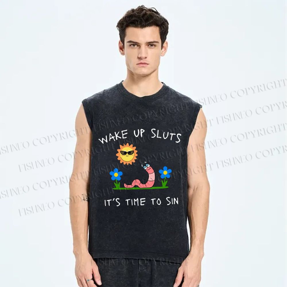 Unisex Wake Up Sluts Worm Printed Washed Tank Top