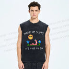 Unisex Wake Up Sluts Worm Printed Washed Tank Top