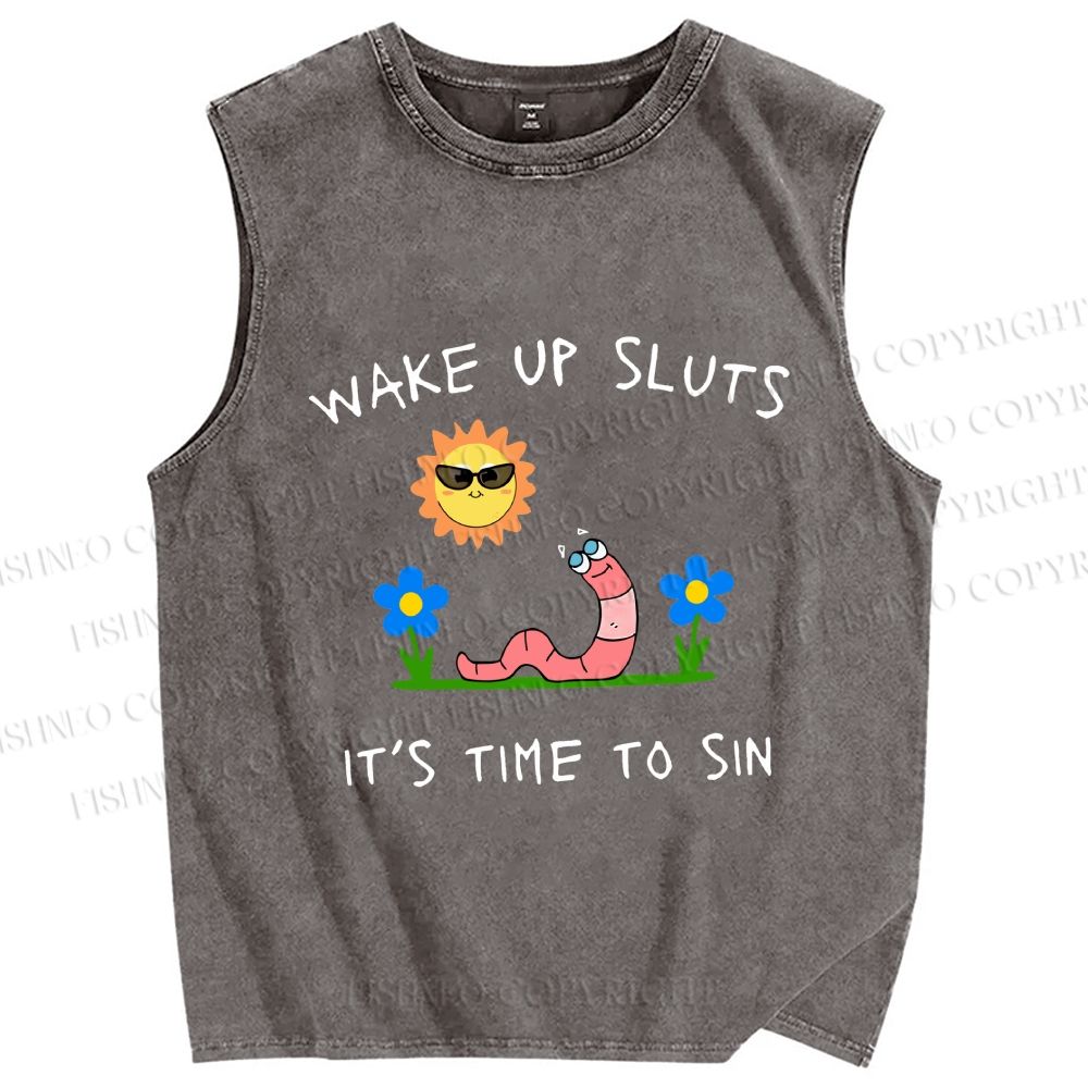 Unisex Wake Up Sluts Worm Printed Washed Tank Top