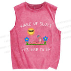 Unisex Wake Up Sluts Worm Printed Washed Tank Top