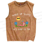 Unisex Wake Up Sluts Worm Printed Washed Tank Top