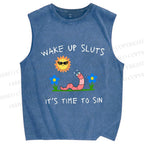 Unisex Wake Up Sluts Worm Printed Washed Tank Top