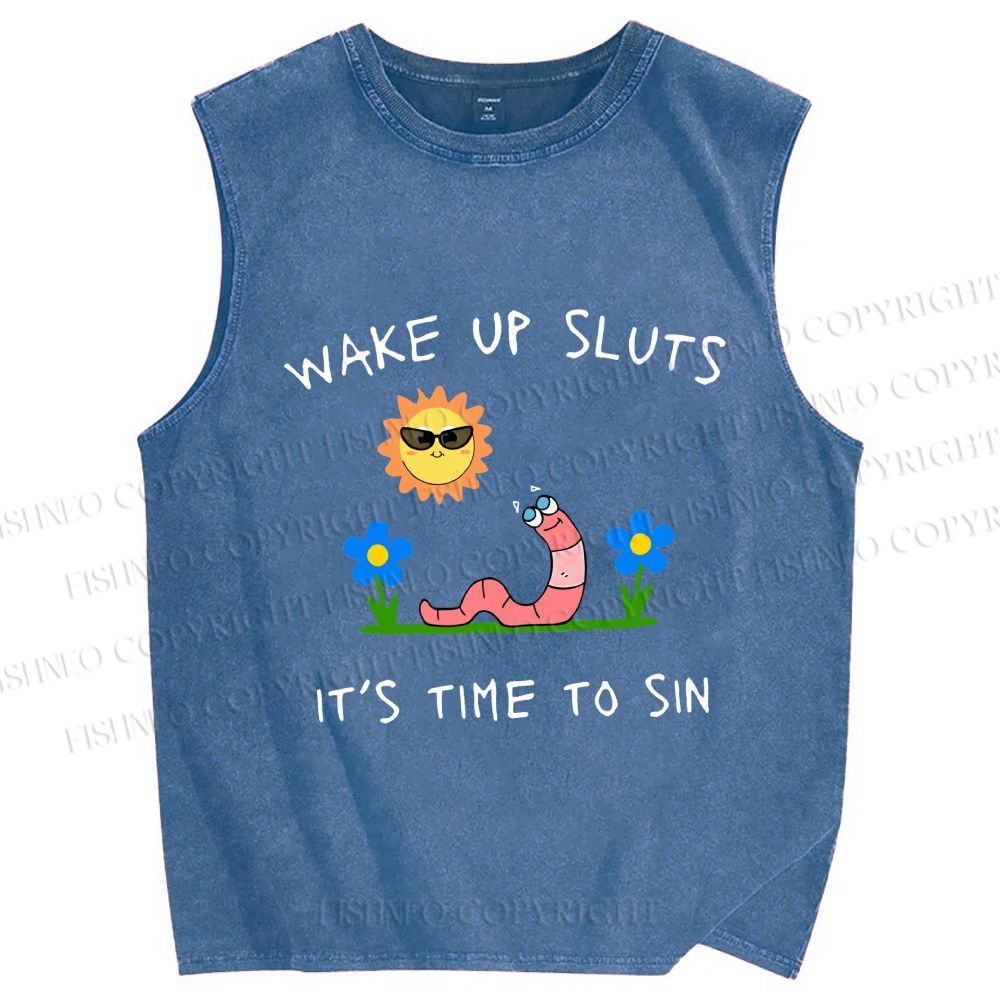 Unisex Wake Up Sluts Worm Printed Washed Tank Top