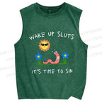 Unisex Wake Up Sluts Worm Printed Washed Tank Top