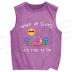 Unisex Wake Up Sluts Worm Printed Washed Tank Top