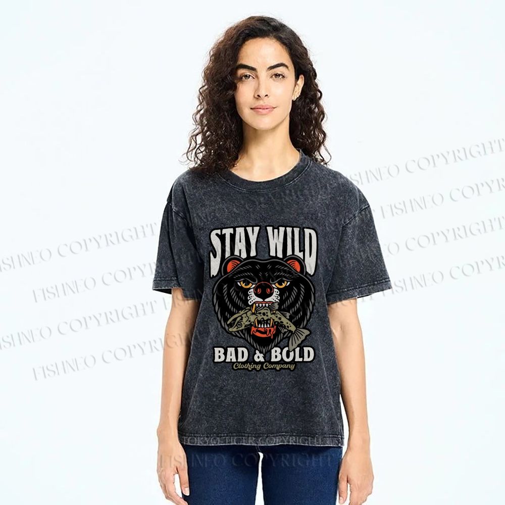 Unisex Black Bear Stay Wild Printed Washed Tee