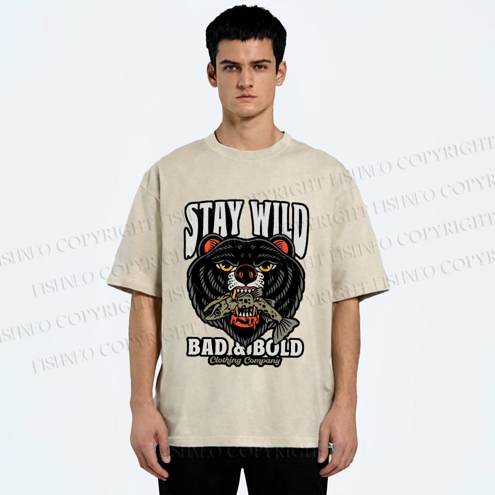 Unisex Black Bear Stay Wild Printed Washed Tee