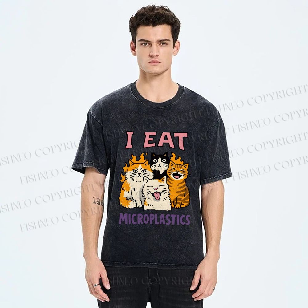 Unisex Cats Eat Microplastics Printed Washed Tee