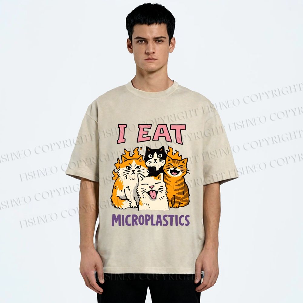 Unisex Cats Eat Microplastics Printed Washed Tee