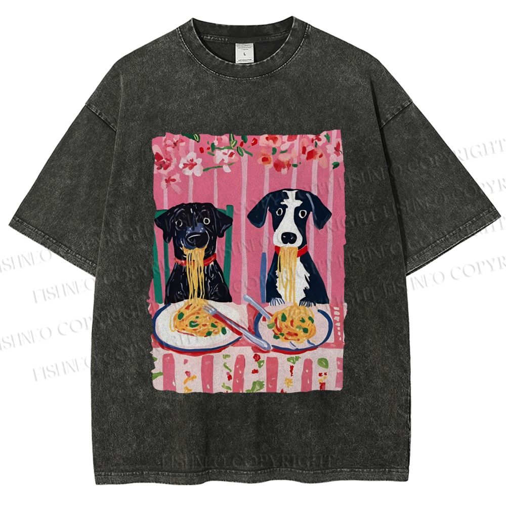 Unisex Dogs Having Spaghetti Printed Washed Tee