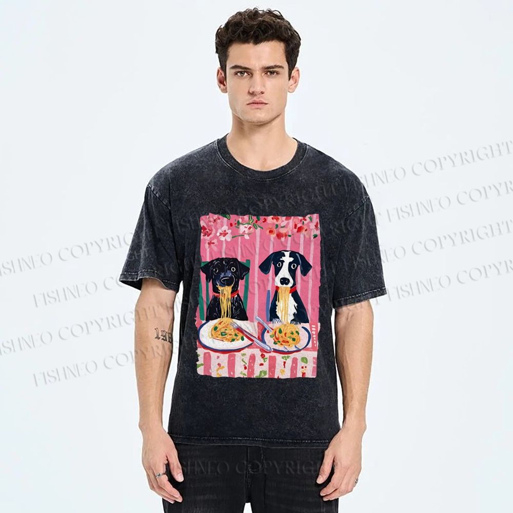 Unisex Dogs Having Spaghetti Printed Washed Tee