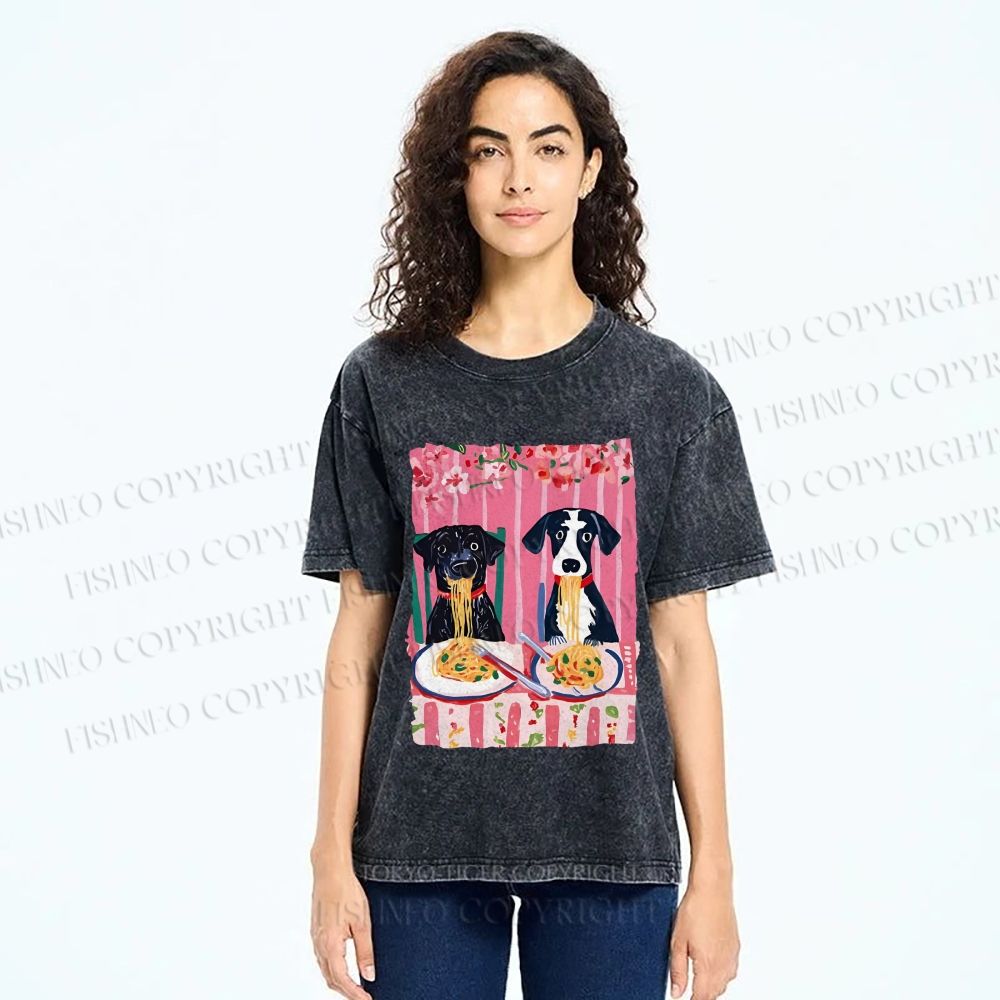 Unisex Dogs Having Spaghetti Printed Washed Tee